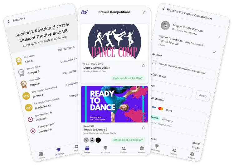 The Comp World app shown on three phones